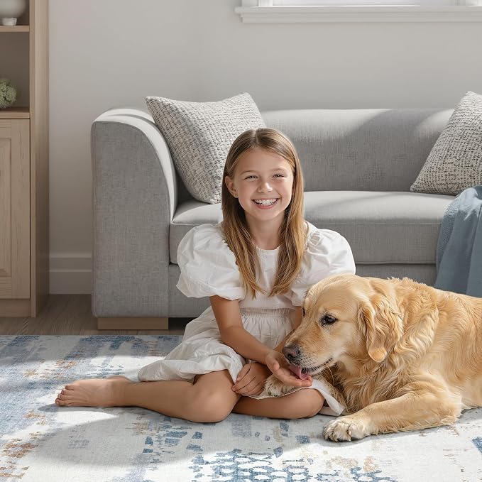 DCX Washable Abstract Area Rug 8x10, Non Slip Low Pile Rug, Blue | Easy to clean, non-shedding, soft, kid & pet friendly, with a non-slip rubber backing for living rooms, bedrooms, and offices