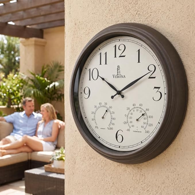 18 inch Outdoor Clocks for Patio Large Waterproof with Thermometer - Black Indoor Outdoor Clock with Temperature and Humidity for Wall - Weatherproof, Accurate & Easy to Read for Pool, Patio & Garden