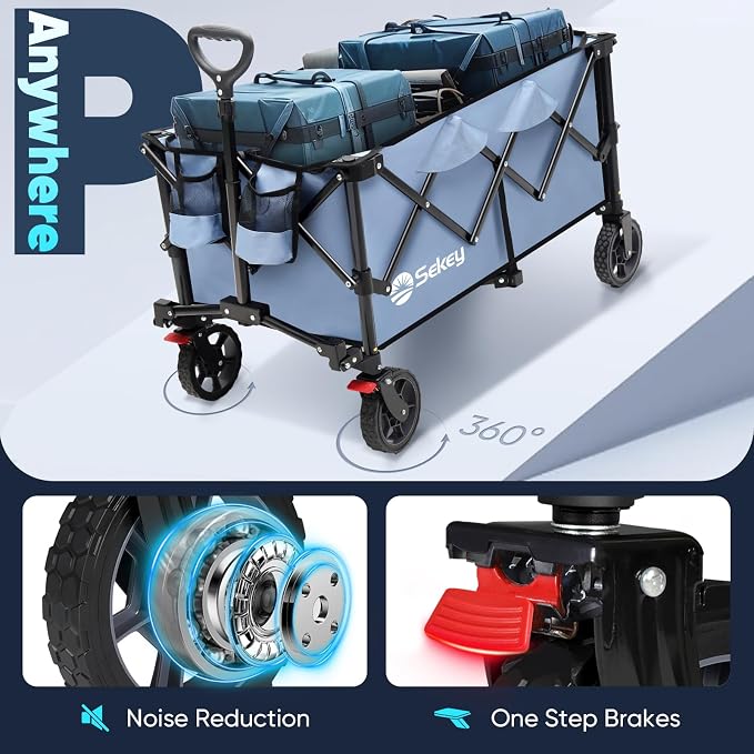 Sekey Collapsible Foldable Wagon with 300lbs Weight Capacity, Heavy Duty Folding Wagon Cart with Big All-Terrain Wheels & Drink Holders.Blue