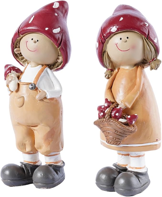 2-Piece Mushroom Decor Fairy Garden Accessories Outdoor Resin Cute Boy and Girl Figurines Whimsical Garden Statues Miniature Fairy Garden Supplies for Patio Yard Lawn Home