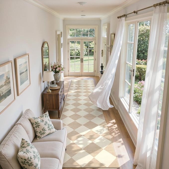 Beeiva Checkered Print Carpet Runners for Hallway 12ft, Beige Neutral Washable Long Hallway Runner Rug 2.5x12, Moroccan Gingham Diamond Carpet Ultra Thin Faux Wool Rug for Kitchen Decor