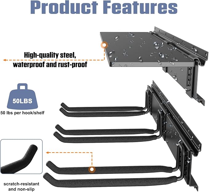 WALMANN Wall Mounted Garden Tool Rack with Shelves for Garage, Heavy Duty Folding Chair Hangers, 11-Inch Tool Storage Hooks for Shovels, Rakes, Ladders(Tool Rack with Shelf)