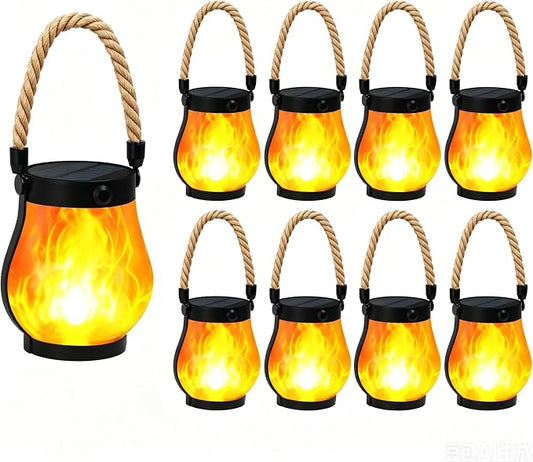 Solar Lanterns Outdoor, Ultra-Realistic Flickering Flame, USB & Solar Charging, 2 Lighting Modes, Waterproof Hanging or Tabletop Lights for Yard, Patio, Garden 8-Pack