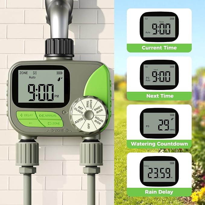 Sprinkler Timer- Hose Timer for Garden Hose, Programmable Watering Timer with Rain Delay, Outdoor Automatic & Manual Drip Irrigation Controller System for Lawn Yard Greenhouse, 2 Outlets