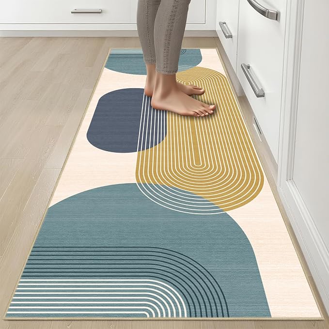 Boho Runner Rug 2x6 for Hallway Kitchen Bedroom,Bohemian Runner Rugs Washable Modern Geometric Rug Non-Slip Printed Low Pile Long Floor Carpet Mat for Bedroom Laundry,Blue