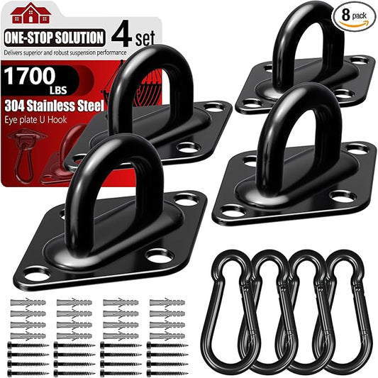 sprookber 304 Stainless Steel Pad Eye Snap Hooks, M10 Heavy Duty Ceiling Hook, 1700lb Capacity Hammock Swing Hanging kit, Plant Hangers, Marine Hardware Staple Hook Loop with Screws, Set of 8(Black)
