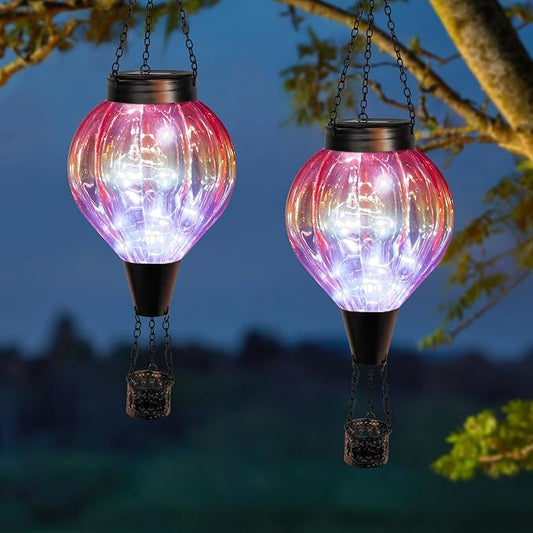 2PC Hot Air Balloon Solar Lantern Outdoor Waterproof, Gradient Orange Glass Balloon Lantern Lights, Hanging Solar Lights for Outside Patio Garden Tree Porch Yard Gift for Women Mom