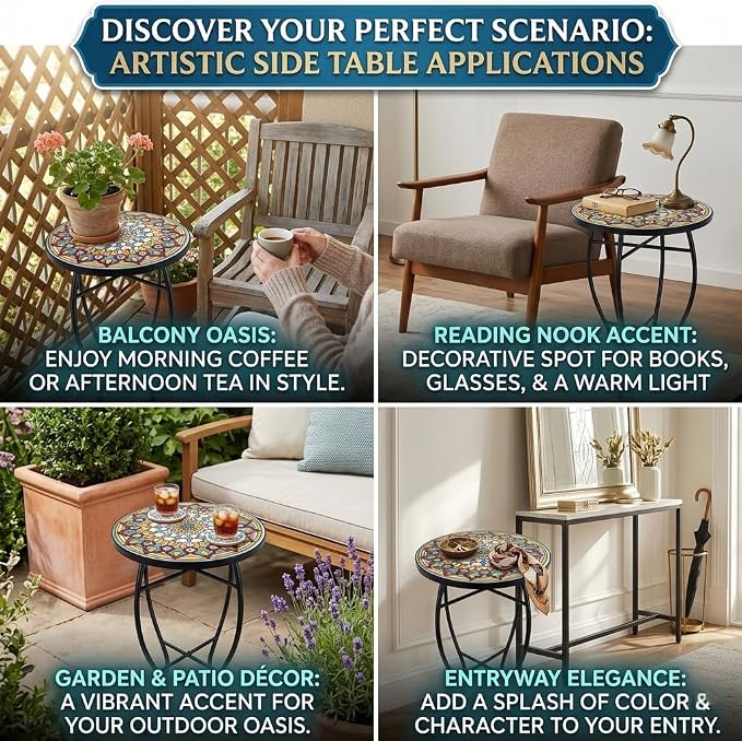 Mosaic Outdoor Side Table Small Round Patio Table Plant Stand | 21" Accent End Table with 14" Ceramic Tile Top for Small Spaces Porch Pool Garden Decor Indoor Living Room Bedroom Balcony