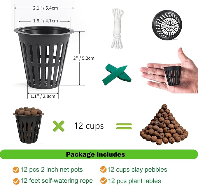 ORIMERC Leca Clay Pebbles for Plants Hydroponic Come with 2 inch Net Pots 12 Pack, Self Watering Rope & Plant Labels, Clay Balls for Plants Growing Aquaponics Orchid Drainage Terrarium