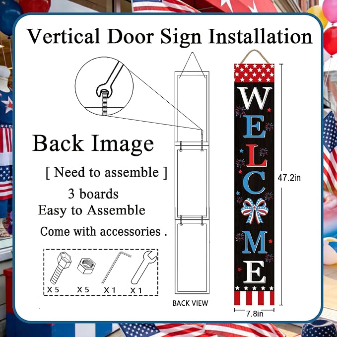 4th of July Welcome Sign with LED Lights, 47" Patriotic Wooden Door Porch Standing Decor Signs, Independence Day 250th Front Door Porch Decor, Memorial Day Home Yard Party Wall Hanging Decoration