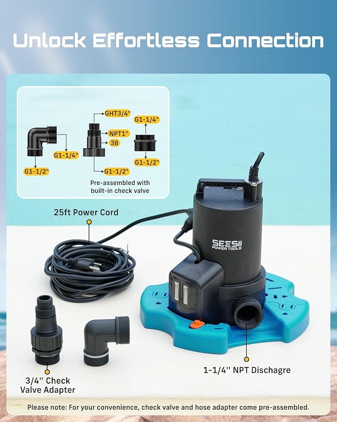 SEESII Auto 2-in-1 Pool Cover & Submersible Water Pump, 1/3 HP | 3035 GPH Sump Pump, Smart Auto On/Off, Clog-Free Net. Ideal for Pools, Flooded Basements, Hot Tubs & Garden Ponds