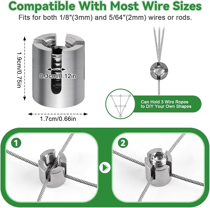 20PCS T316 Stainless Steel Cable Cross Clamps, Kalolary Heavy Duty No Drilling Clips for 5/64"-1/8" Wire Rope & Rods, Wall Wire Trellis Kit for Climbing Plants DIY Outdoor Garden Vine Flower Wall