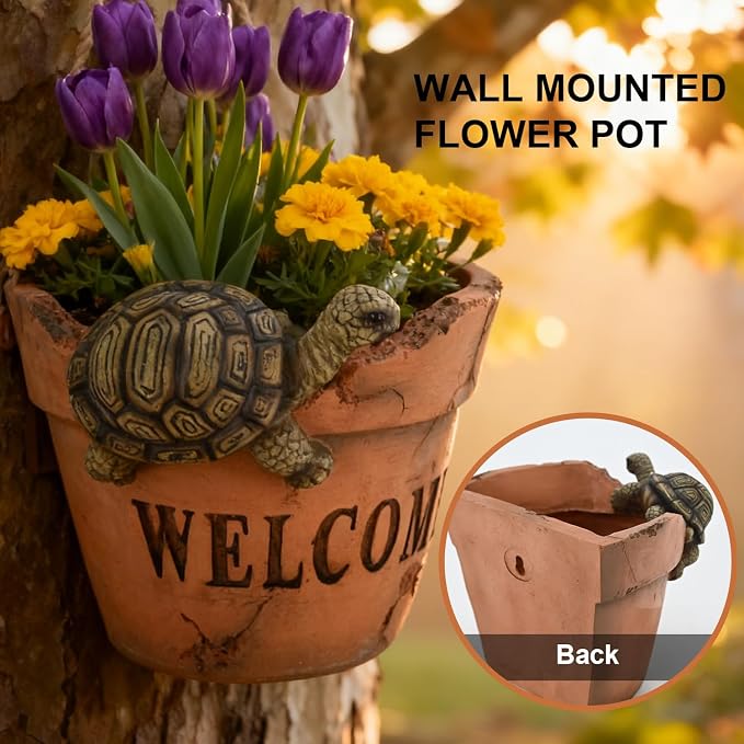 Rustic Turtle Welcome Wall Planter Pot Resin Clay Look Cute Planters for Indoor Outdoor Dry & Artificial Flowers Planters for Porch Garden Pots Gift for Garden Lovers