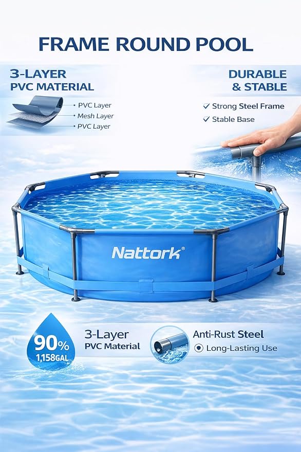 Nattork Above Ground Pool 10' x 30" Framed Swimming Pools, Outdoor Backyard Pool Round Family Pool Set Easy-Install Upgraded T-Pipe 1200 Gallon Pool Backyard Pool