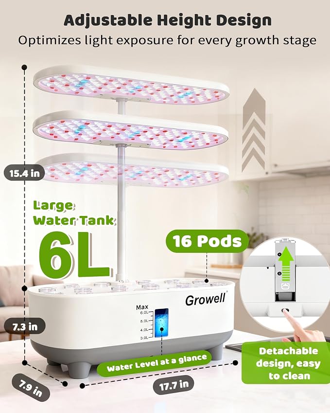 Growell 16 Pods Hydroponics Growing System Kit with 3 Light Modes & 2 Timer | Smart Water Circulation, LED Grow Light, 8L Large Water Tank, Coutertop, Indoor Herb Garden, Perfect Gardening Gifts, White