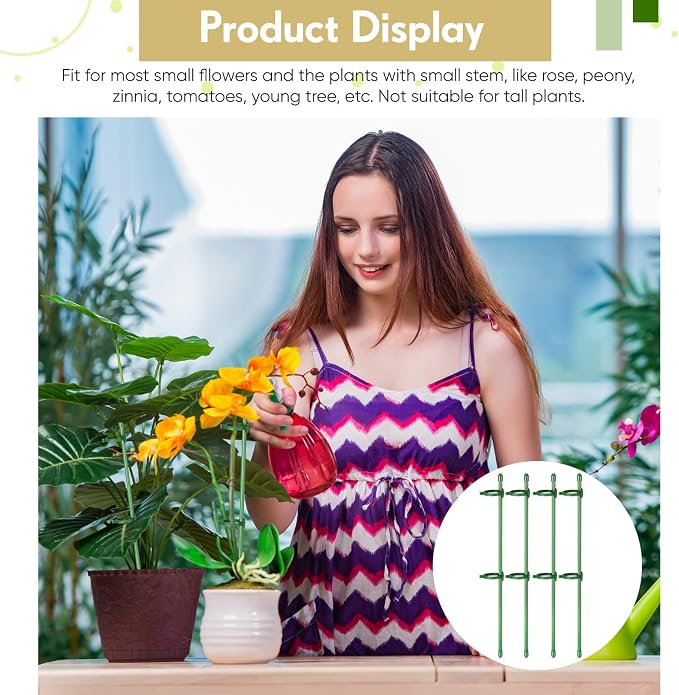 meekoo 30 Pcs 12 Inch Adjustable Plant Support Stakes for Indoor Outdoor Garden Orchid Stick Single Stem Plant Cage Support Rings with Clips and Connect Pipe for Tomato Flowers, Potted Plants (Green)