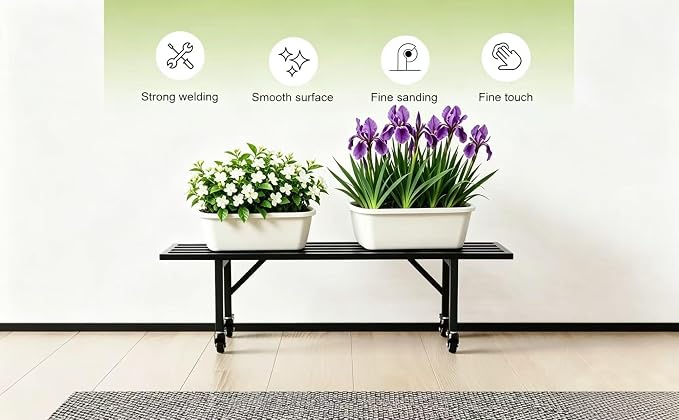 Zhongma One Tier Metal Plant Stand with Wheels,(35.43 L x 8.66 W x 10.3 H) Heavy Duty Plant Holder for Home, Window,Garden, Plant Lovers, Display Stand