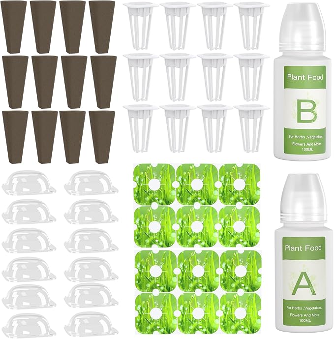 owltron 50 Pcs Hydroponic Seed Pods Kits, Grow Anything Kit Pod for Indoor Herb Garden with 12 Sponges, 2 A&B Nutrient Plant Food, 12 Baskets, 12 Stickers, 12 Germination Domes（Square)