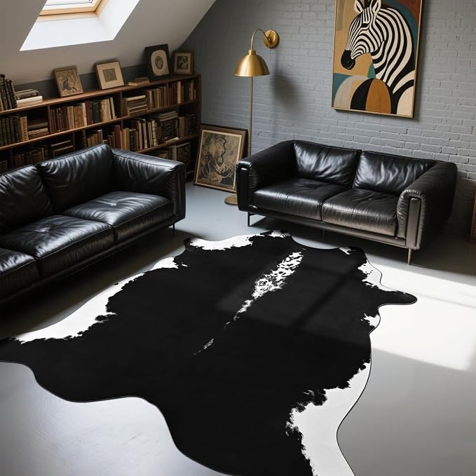 BENRON Faux Cowhide Rug, Cow Print Rug for Living Room Bedroom 4.6x5.2ft | Western cow hide rug for Cowboy Cowgirl Home Decor, Washable Rugs with Irregular Animal Skins and Hides Non Slip, Black