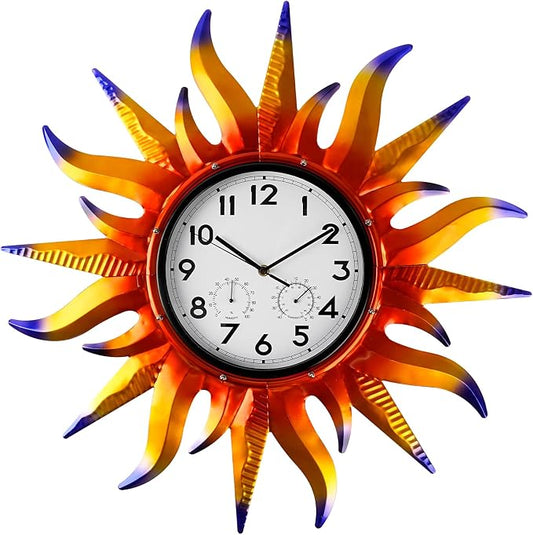 Large Sun Outdoor Clock with Thermometer & Hygrometer Combo, Silent No-Ticking Indoor Outdoor Wall Clock, Waterproof Quartz Clock for Patio,Kitchen, Living Room,Bathroom,Garden，25 Inch Violet