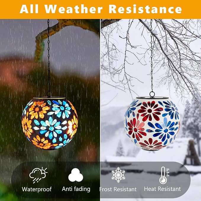 Solar Hanging Lanterns Glass Mosaic Gazing Ball Globe Blue Red Hanging Lantern Lights Outdoor Waterproof for Garden Yard Patio Home Decor (Flowers)