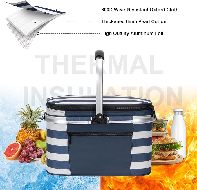 ALLCAMP Picnic Basket - Insulated Cooler, Thickening Foldable Picnic Basket with Removable Baskets & Sewn-in Frame, Basket for House Warming Gifts New Home(Blue White)