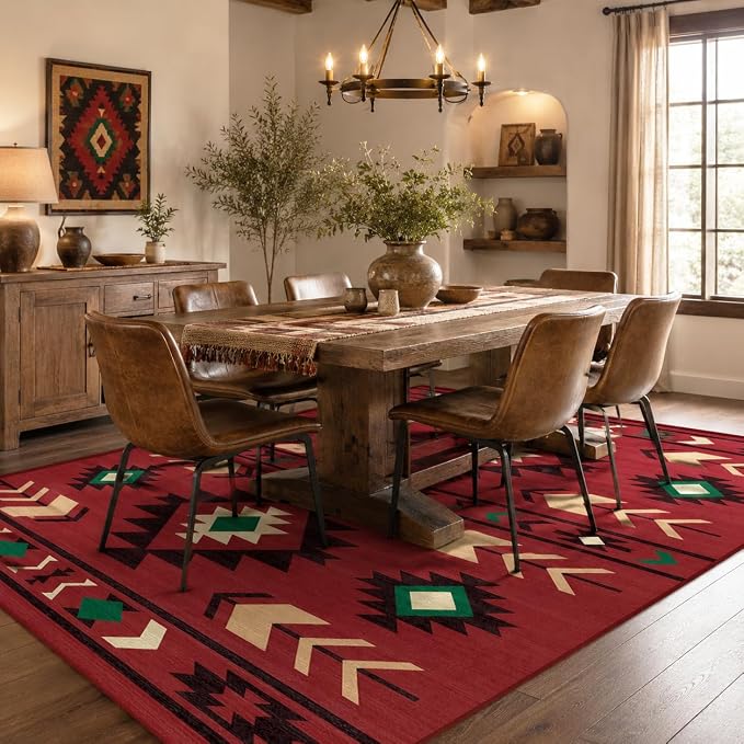 Area Rug 6x9 Western Rug Living Room Southwestern Aztec Tribal Rugs Southwest Navajo Machine Washable Non-Slip Printed Low-Pile Floor Carpet for Bedroom Dining Room Office, Red