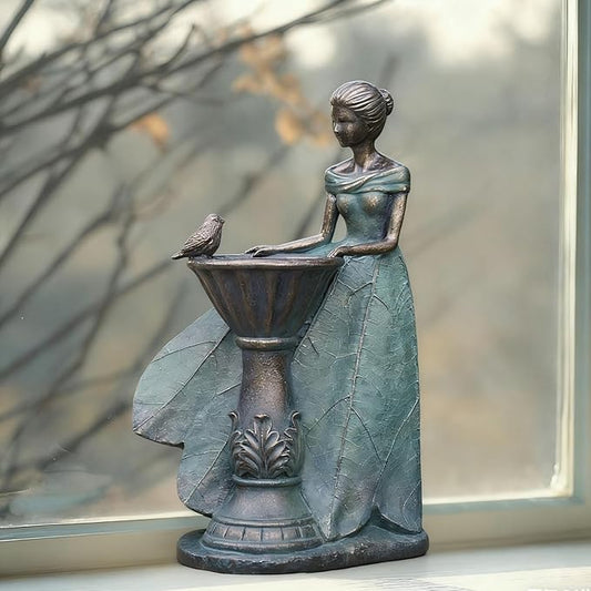 DiliComing Fairy Outdoor-Statues Garden-Decor with Solar - 12 Inch Resin Leaf Girls Birdbath Sculpture Waterproof Outdoor Decor for Patio/Yard, Unique Bird Feeder Figurines Home Decor Gifts for Women