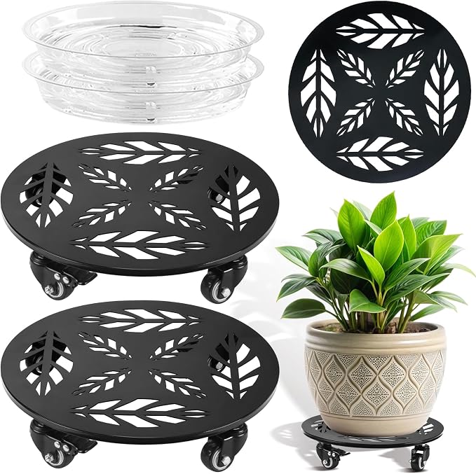 Planterhoma 2 Packs 12 Inch Rolling Plant Stand with Wheels Metal Plant Caddy with Wheels Heavy Duty Plant Rollers with Metal Wheels Round Wrought Iron Plant Stand with Clear Saucers, Glossy Black