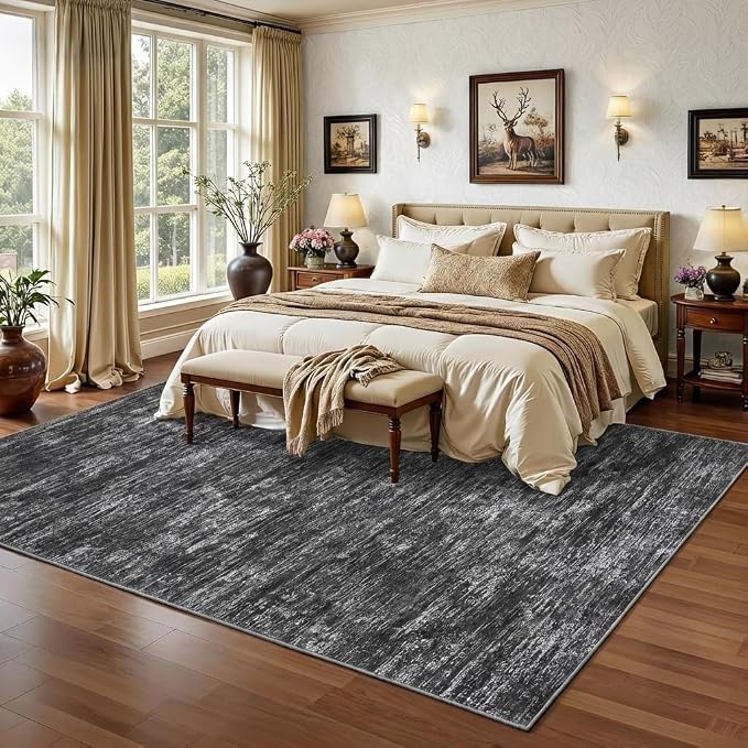 GarveeHome 9x12 Large Living Room Rug Machine Washable Area Rugs for Bedroom, Modern Solid Color Rugs with Rubber Backing, Stain Resistant Low Pile Neutral Mats for Bedroom, Dining Room, Dark Grey