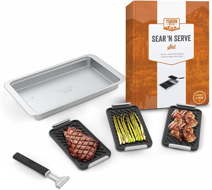 Yukon Glory Cast Iron Sear & Serve Set | 3 Grooved Cast Iron Pans, Stainless Serving Station & Clip-On Handle | Pre-Seasoned | Grill to Table | Gas, Charcoal & Campfire