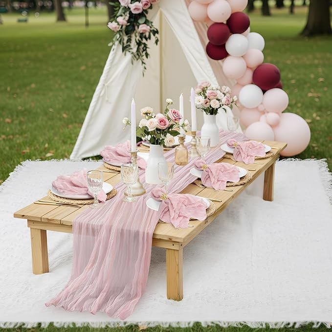118 x 71" Extra Large Outdoor White Picnic Blankets with Pink Tulle Table Runner Cheesecloth Napkins Plush Throw Pillow Covers Oversize Beach Blanket Essentials for Wedding Picnic Camp(Stylish,14)