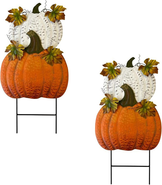 Set of 2 Metal Pumpkin Yard Stakes Fall Harvest Garden Lawn Yard Porch Outdoors Welcome Decorations, Autumn Halloween Thanksgiving Decorative Pumpkins Outdoor Décor