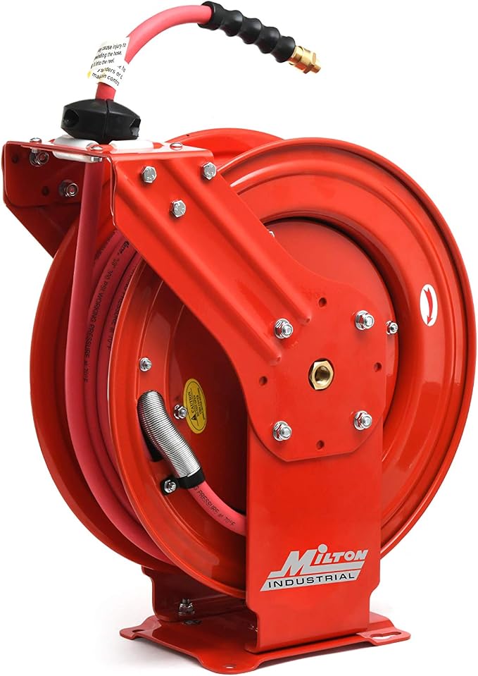 MILTON Industrial Hose Reel 2790-50D, Auto Retractable, Chemical Resistant, Prevent Cracking, Flexible in Extreme Conditions,1/2” Hose ID, 50 Foot Rubber Hose, 300 PSI Max Pressure,1/2" Male NPT, Red