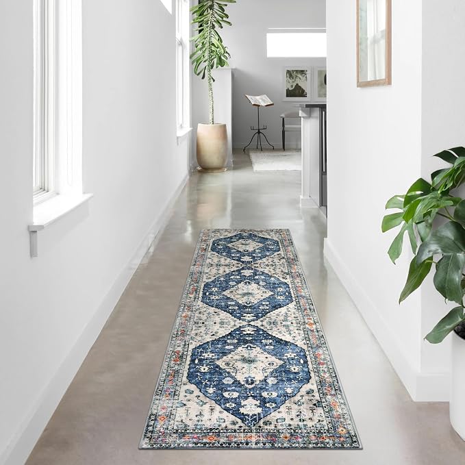 Lahome Felice Boho Tribal Runner Rug - 2x7 Blue Washable Hallway Runner Rug, Vintage Soft Non Slip Low Pile Kitchen Accent Carpet Runners for Entryway Bathroom Doorway Living Room Bedroom
