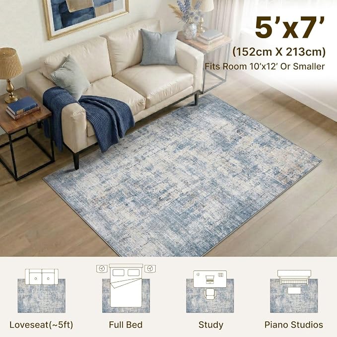 5x7 Area Rugs Washable Living Room Rug Non Slip Soft Carpets | Modern Abstract Coastal Indoor Floor Stain Resistant Carpet for Bedroom Dining Room Farmhouse Nursery Home Office Blue