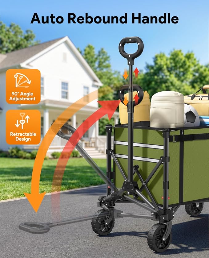 Raynesys Collapsible Wagon Cart with Wheels 220lbs Foldable Wagon 120L Shopping Cart for Groceries Folding Utility Wagon for Beach, Garden, Camping, Sport, Wheelbarrows, Green