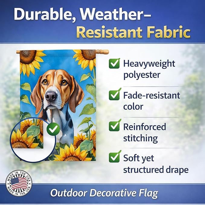 Caroline's Treasures DAC6009CHF American Foxhound in Sunflowers House Flag Large Porch Sleeve Pole Decorative Outside Yard Banner Artwork Wall Hanging, Polyester, House Size, Multicolor
