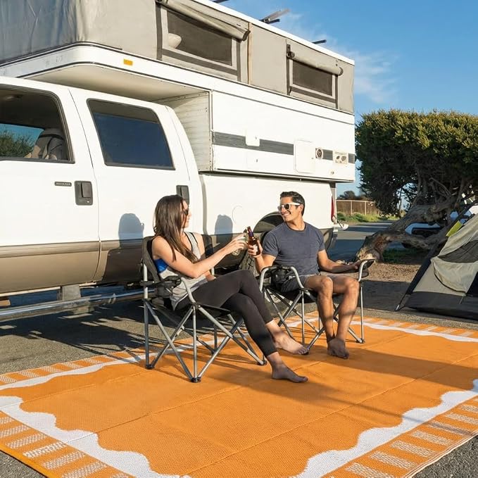 Garvee Large Waterproof Outdoor Rug 8x10 Outdoor Patio Rug, Modern Scalloped Reversible Plastic Straw Camping Rugs, Bordered Outside Carpet for Picnic Backyard Deck Balcony Trailer, Orange