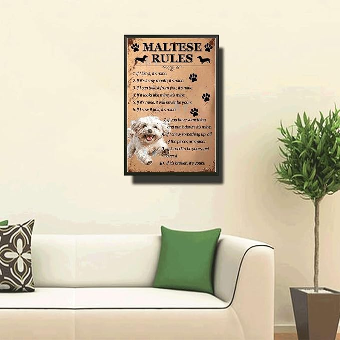 Metal Sign Tin Sign Vintage Wall Art Maltese Rules Vintage Decor for Club 8×12 Inches with Metal Frame