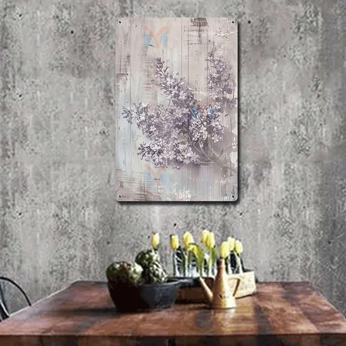 Metal Sign Tin Sign Vintage Wall Art Shabby Chic Lilacs Tin Sign for Rustic Springtime Antique Artistry and Distressed Wood Surfaces Tin Signs for Women for Restaurant 8×12 Inches