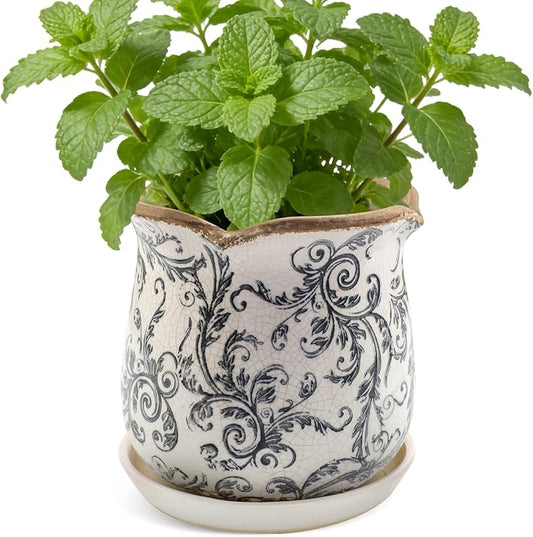Ceramic-Planters-for-Indoor-Plants with Saucer, 6 inch Vintage Ice Crackle Glaze Plant Pots with Drainage Holes, Decorative Flower Pots for Outdoor Garden Home Decor, Tuscan Pot for Plant