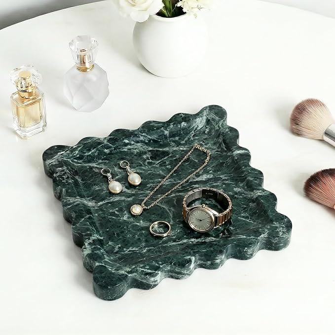 Scalloped Square Marble Decorative Tray, Natural Stone Vanity & Jewelry Tray, Trinket Organizer for Ring, Key, Dresser, Nightstand, Bathroom Counter & Kitchen Sink(Verde Alpi Green)