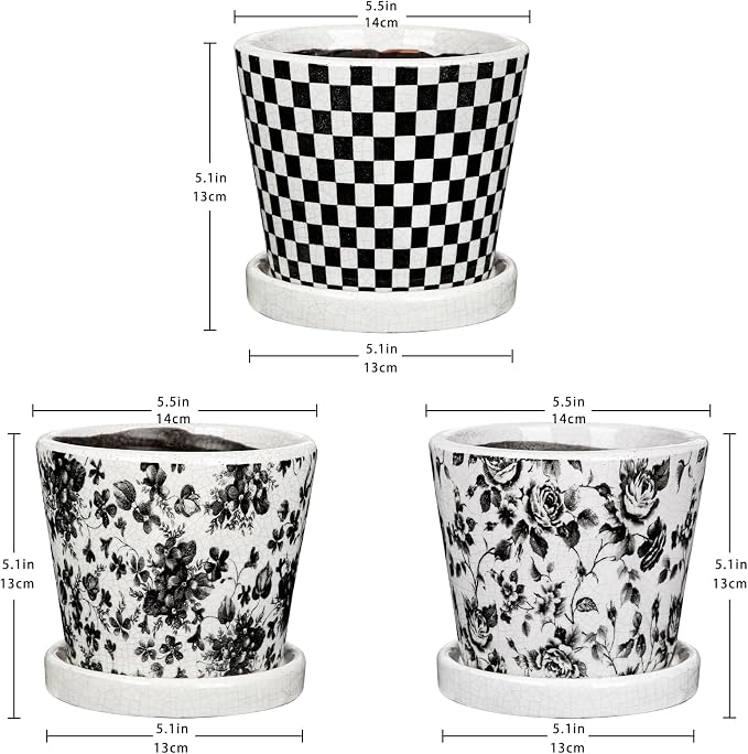 Set of 3 Black Plant Pots, Small Flower Pots Round Planter Pot with Drainage Hole and Saucers Modern Ceramic Planters for Indoor Plants Succulents Cactus Orchid Garden 5.5 Inch Outdoor Plant Pot