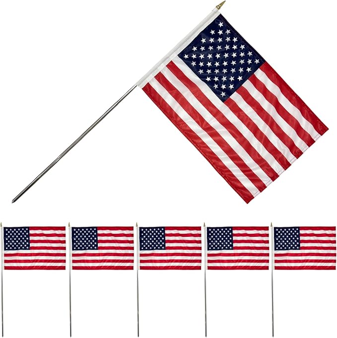 Bradford Small American Flag on Stick 6 Pcs 8x12 inch for 250th Anniversary Decorations, Heavy Duty Hand Held Handheld US USA Flags with Retractable Pole for 4th of July Outside Yard Garden
