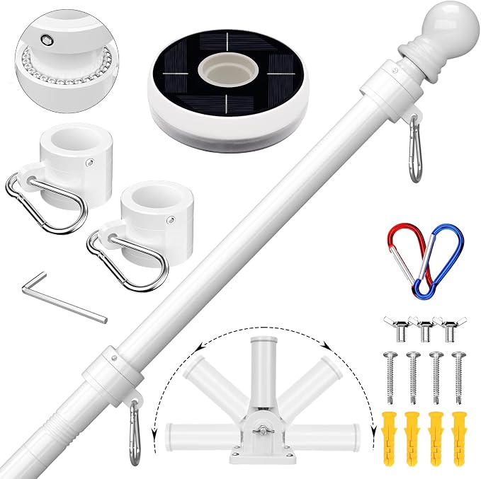 ZMTECH 6FT American Flag Pole for Outside House with Solar Light | Tangle Free Stainless Steel USA Flag Pole Kit, 180° Adjustable Holder for Outside House Yard, White (No Flag Included)