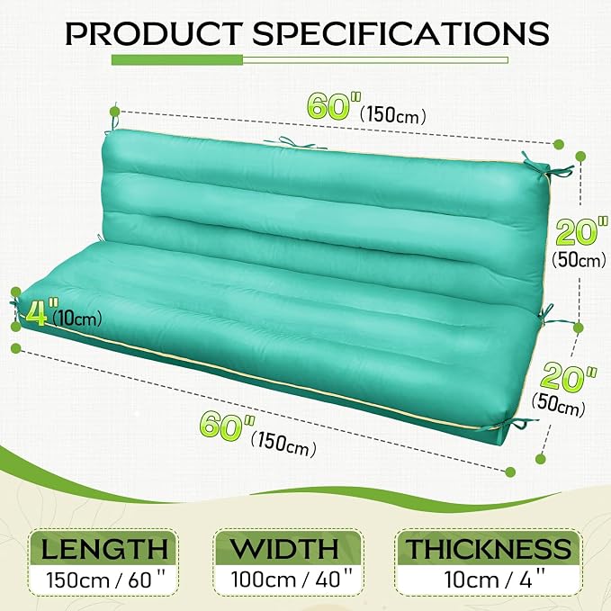 60×40 INCH Outdoor Swing Cushion with Backrest, Tie Straps & Memory Foam - Replacement for Porch Bench 2/3 Seater, Oxford Fabric (Aqua Blue, 60 INCH × 40 INCH)
