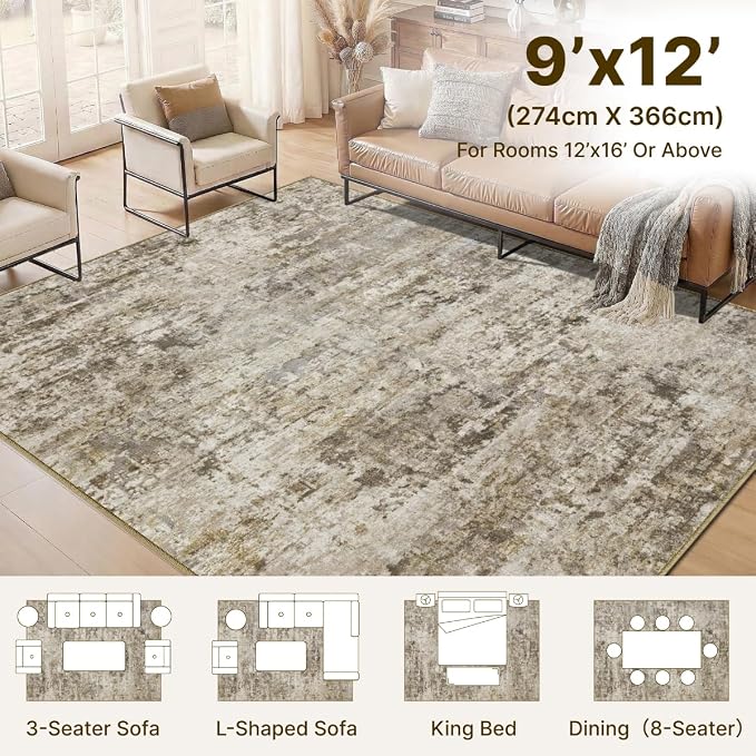 9x12 Area Rugs Washable Modern Abstract Living Room Bedroom Rug | Non Slip Soft Carpets Indoor Floor Stain Resistant Large Carpet for Bedroom Dining Room Farmhouse Nursery Home Office