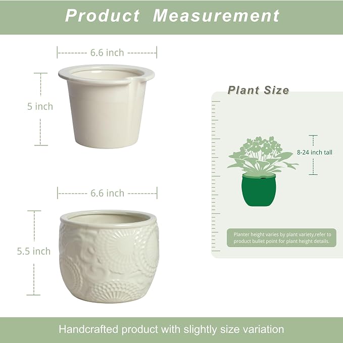 HERDUK 6.5” Ceramic Self Watering African Violet Planter with Embossed Floral Design – Durable Indoor Plant Pot for Orchids, Succulents, and Houseplants