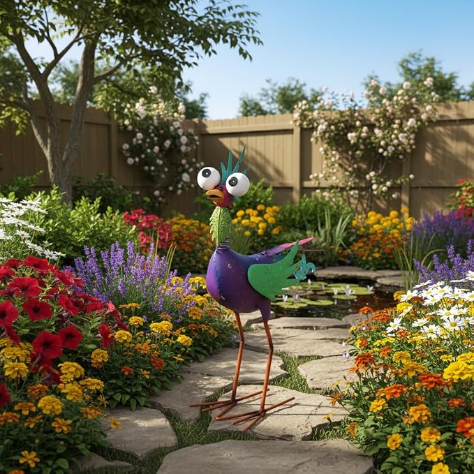 Metal Rooster Statue Outdoor Garden Decor,18" Wacky Rooster Decor Yard Statue Decorations Outdoor,Funny Chicken Sculpture for Patio, Lawn, Backyard (Purple)